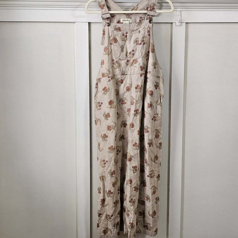 Vintage Eddie Bauer Linen Floral Overall Dress Petite M 90s Cottagecore